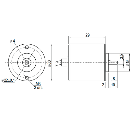Инкрементальный энкодер D=30мм, выступающий вал 4мм, 200 имп/об, 24VDC, выход HTL, IP54, -20…+80°C, аксиальный кабель 2м
